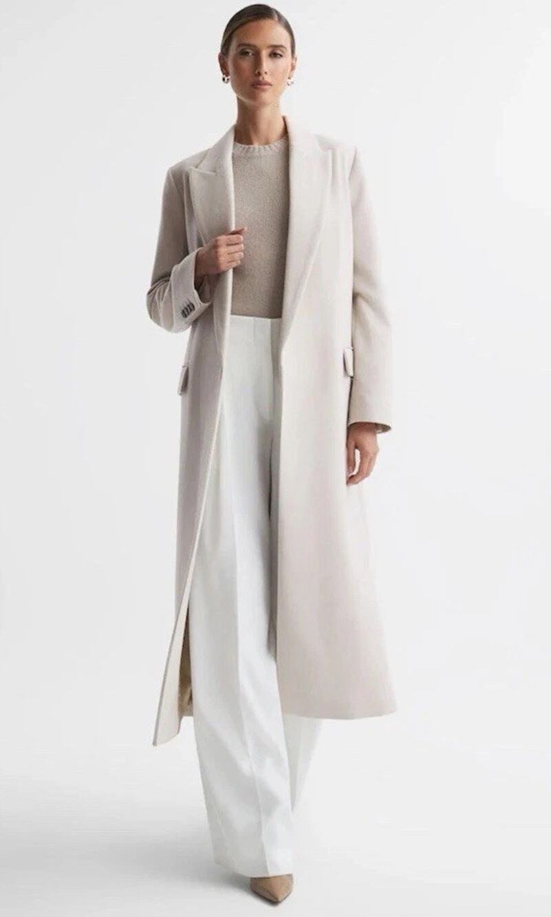 NWT Reiss Lila Wool Cashmere Blend Longline Coat Neutral Ivory US 4